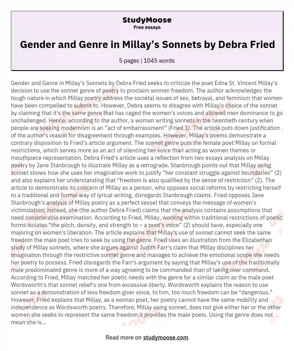 Gender and Genre in Millay’s Sonnets by Debra Fried essay