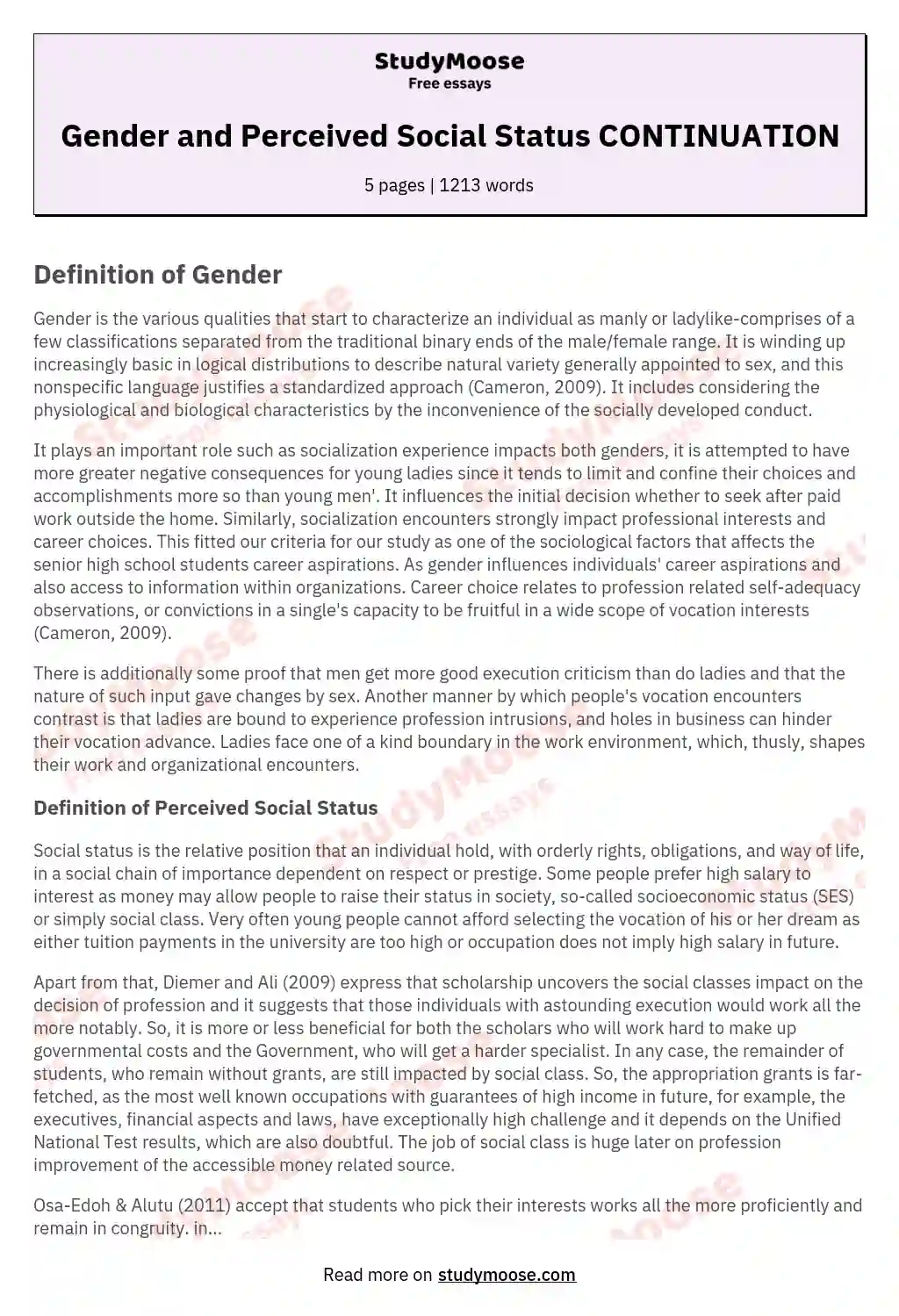 Gender and Perceived Social Status CONTINUATION