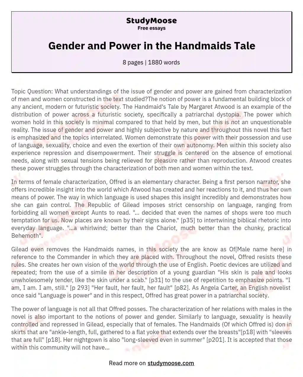 Gender and Power in the Handmaids Tale essay