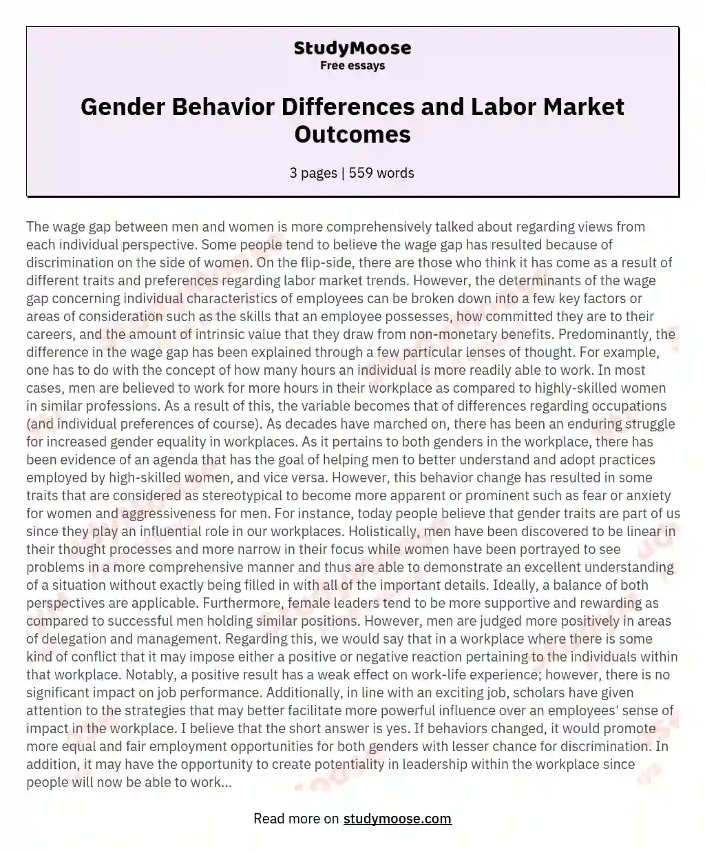 Gender Behavior Differences and Labor Market Outcomes essay