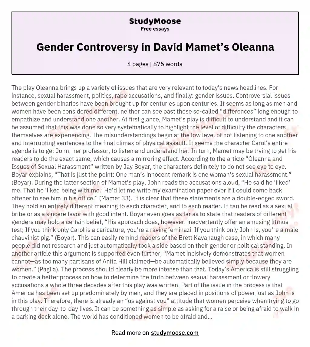 Gender Controversy in David Mamet’s Oleanna essay