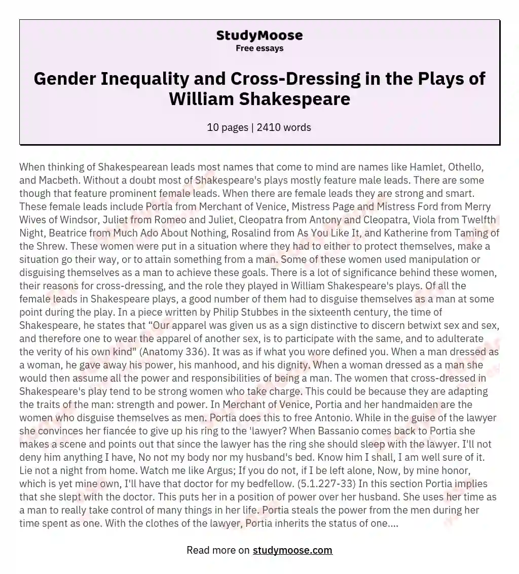 Gender Inequality and Cross-Dressing in the Plays of William Shakespeare essay