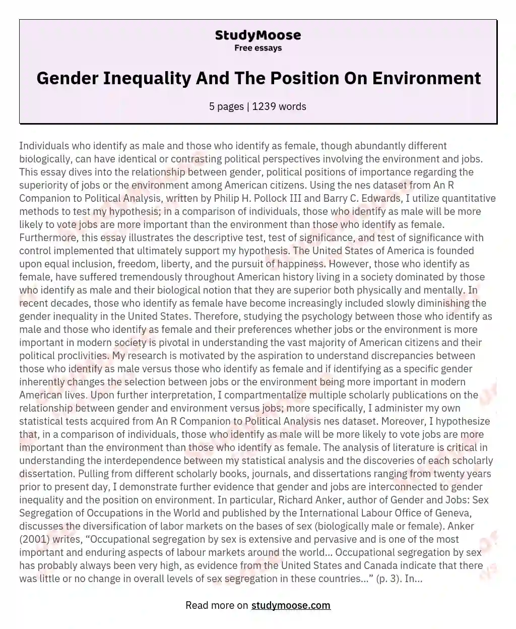 Gender Inequality And The Position On Environment essay