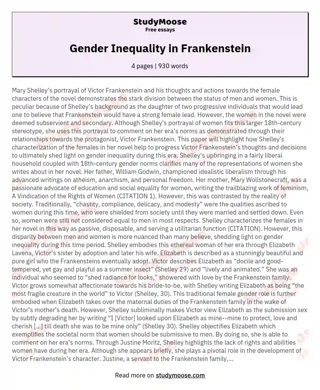 Gender Inequality in Frankenstein essay