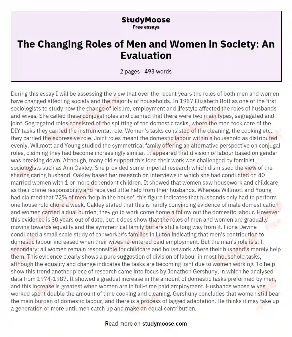 The Changing Roles of Men and Women in Society: An Evaluation essay