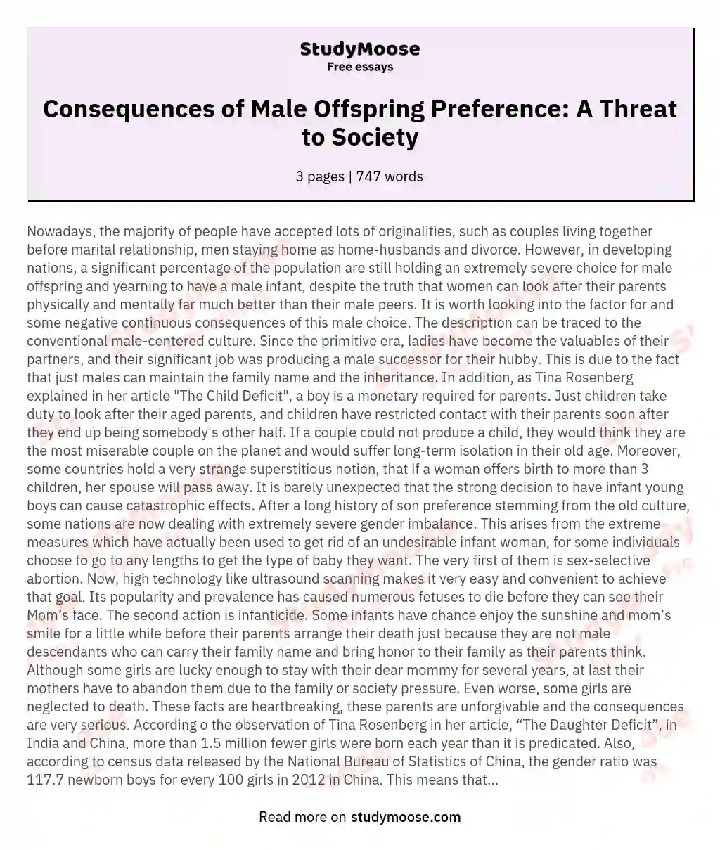 Consequences of Male Offspring Preference: A Threat to Society essay