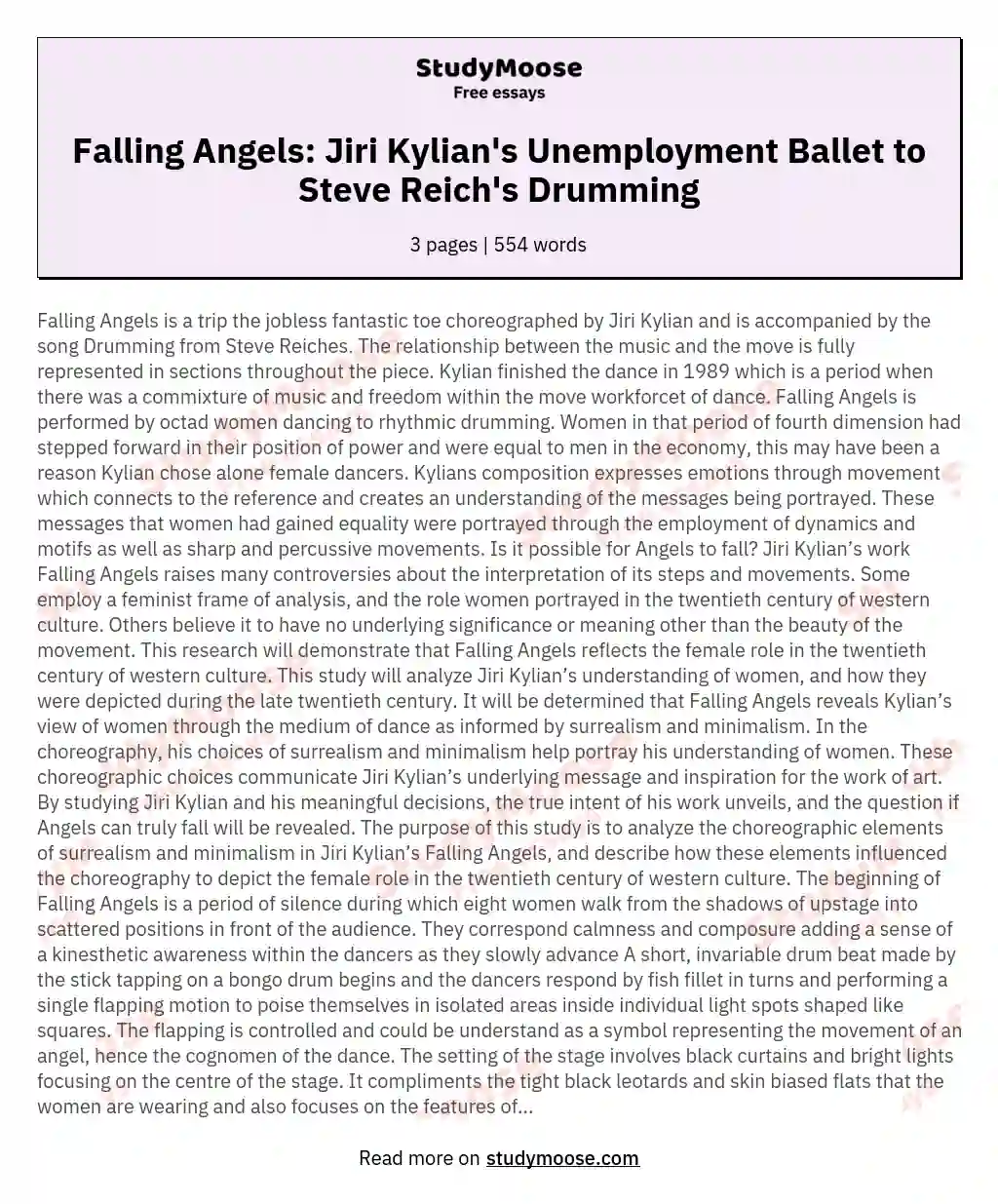 Falling Angels: Jiri Kylian's Unemployment Ballet to Steve Reich's Drumming essay