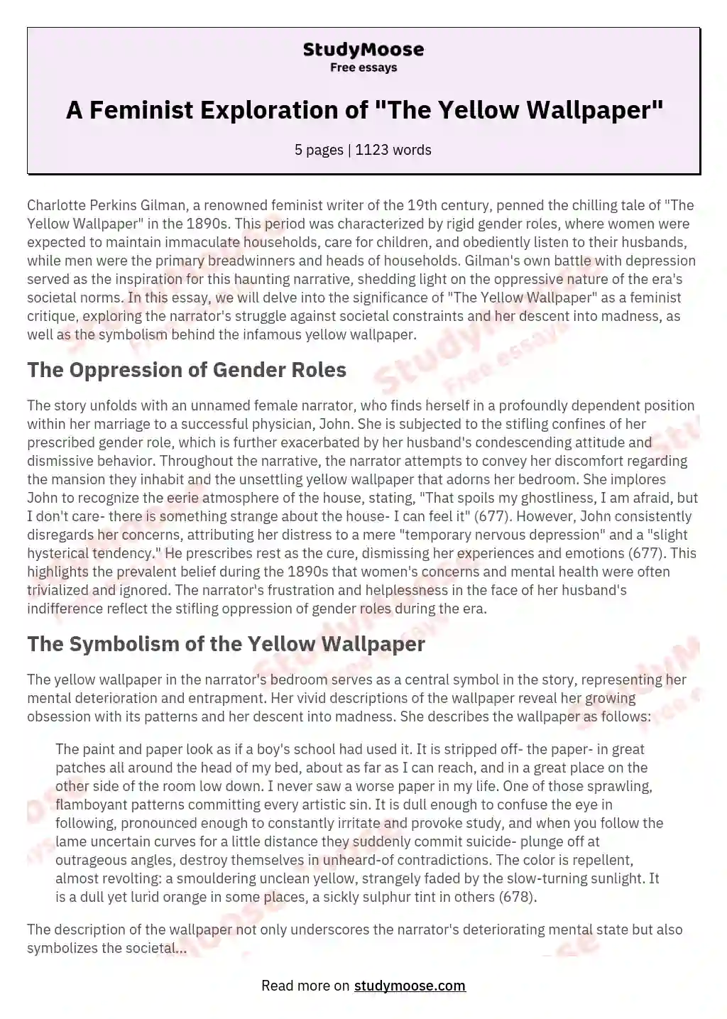 The Yellow Wallpaper Essay  Essay on The Yellow Wallpaper for Students and  Children in English  A Plus Topper