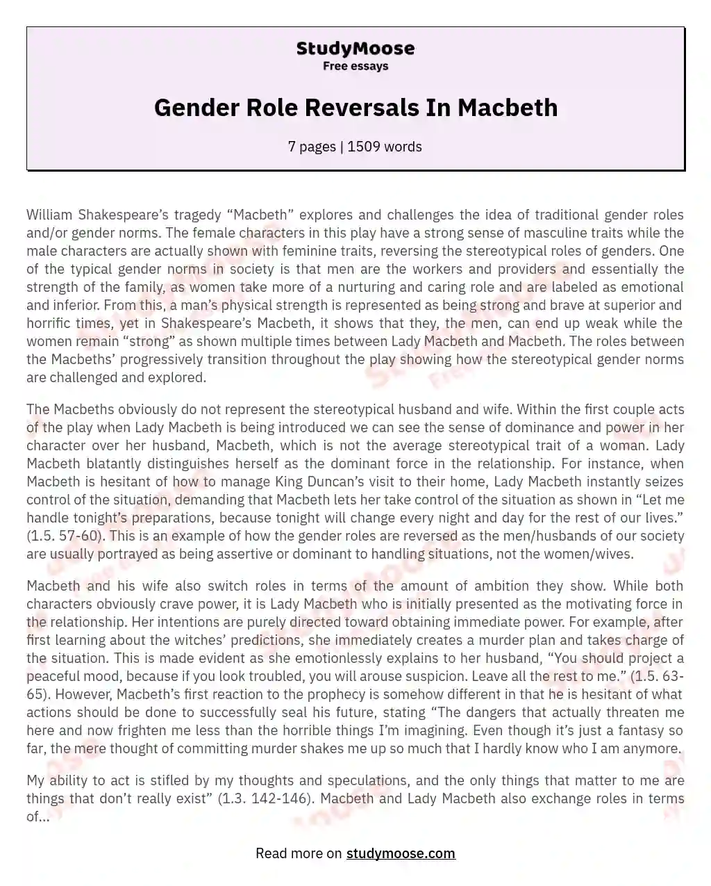 Gender Role Reversals In Macbeth essay