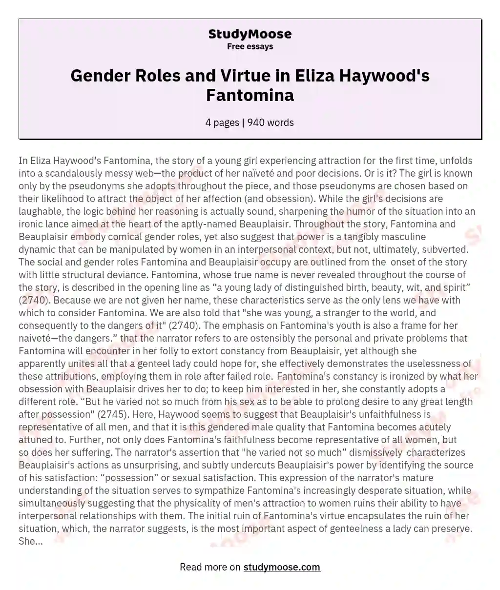 Gender Roles and Virtue in Eliza Haywood's Fantomina essay