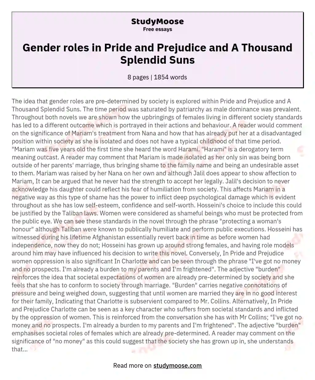 Gender roles in Pride and Prejudice and A Thousand Splendid Suns