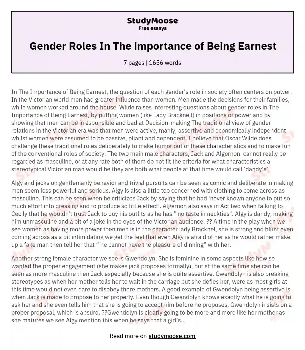 Gender Roles In The importance of Being Earnest essay