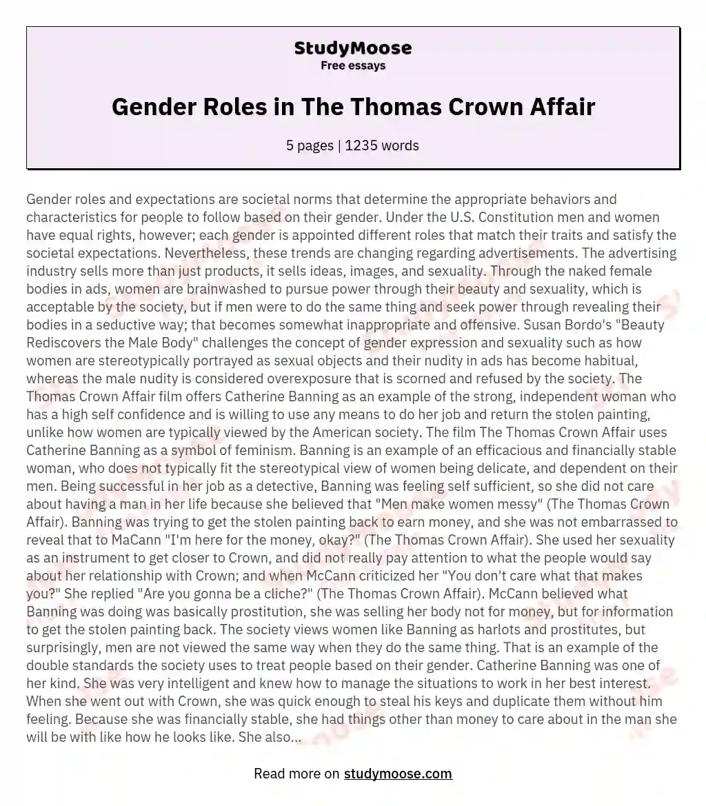 Gender Roles in The Thomas Crown Affair essay