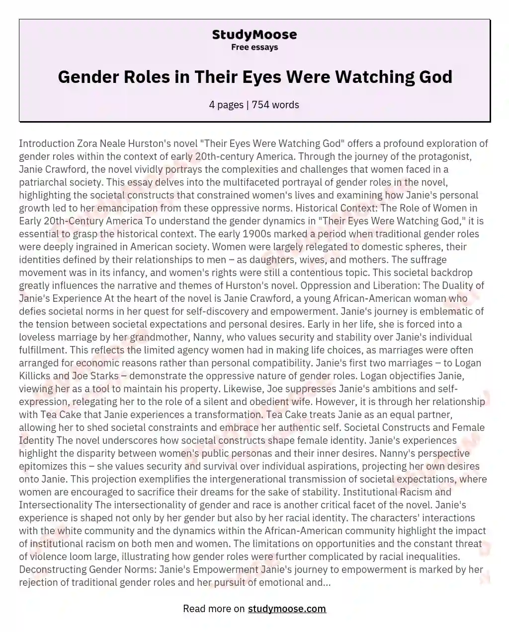 Gender Roles in Their Eyes Were Watching God essay