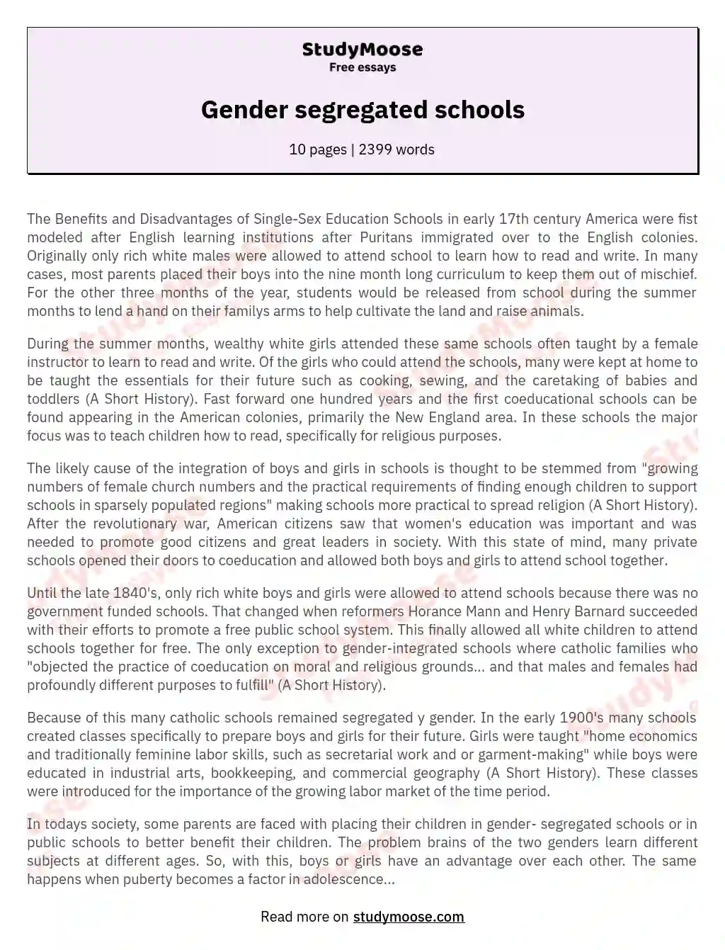Gender segregated schools essay