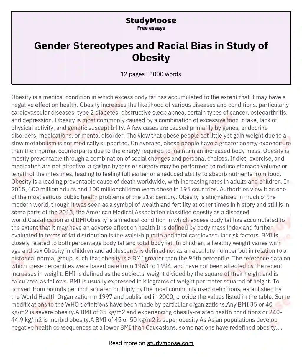 Gender Stereotypes and Racial Bias in Study of Obesity