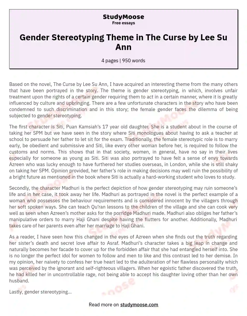 Gender Stereotyping Theme in The Curse by Lee Su Ann essay