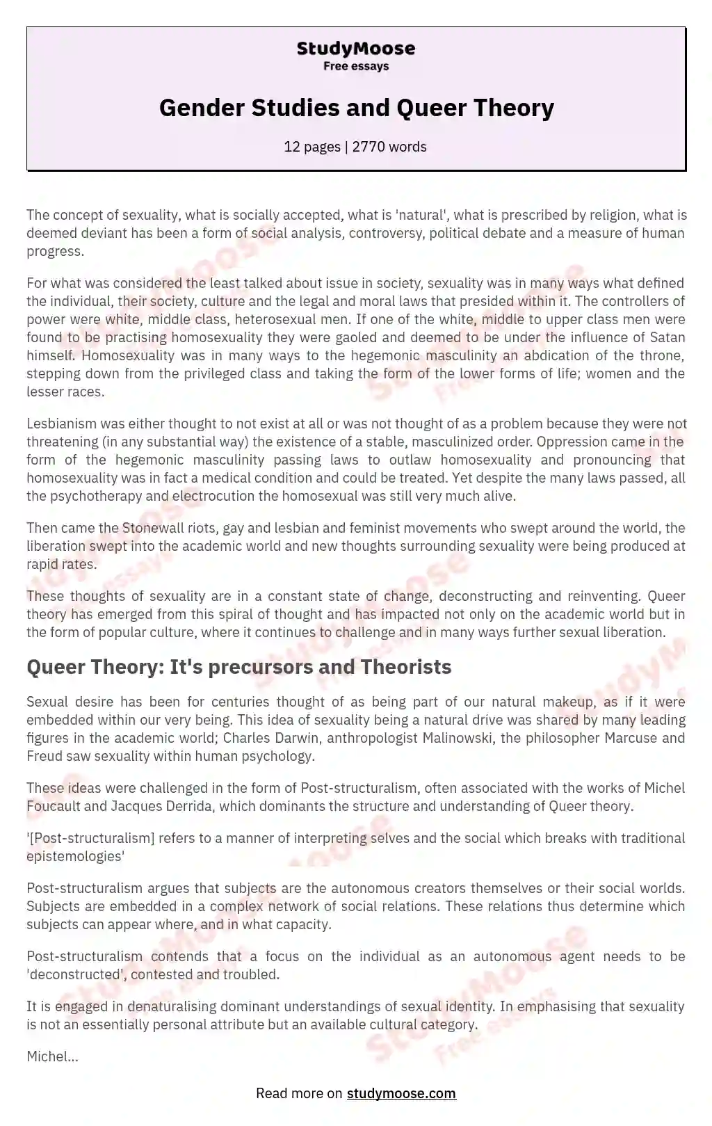 Gender Studies and Queer Theory essay