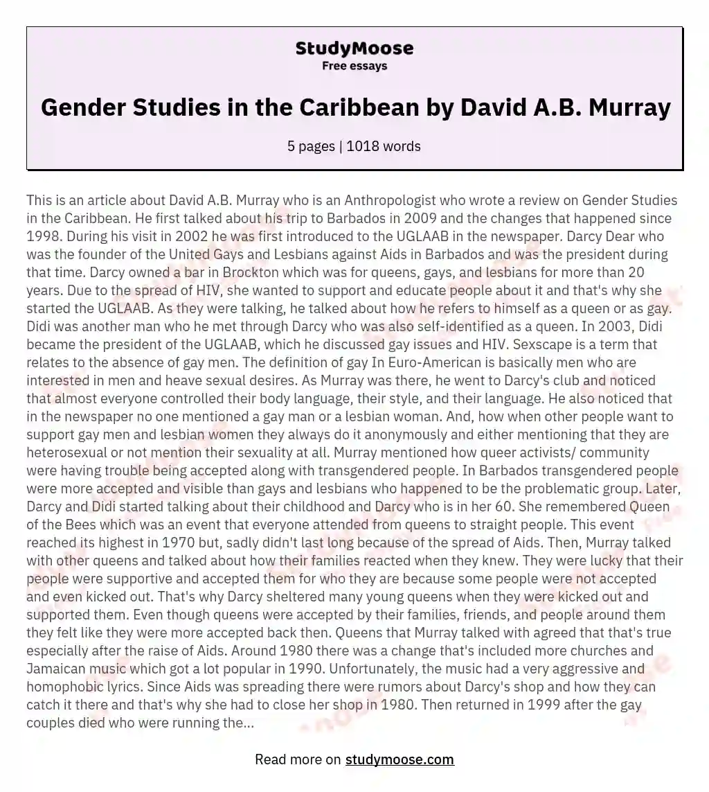 Gender Studies in the Caribbean by David A.B. Murray essay