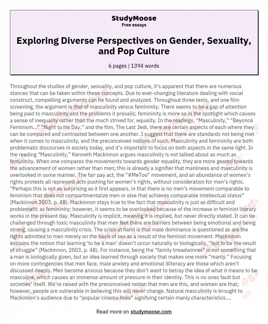 Exploring Diverse Perspectives on Gender, Sexuality, and Pop Culture essay