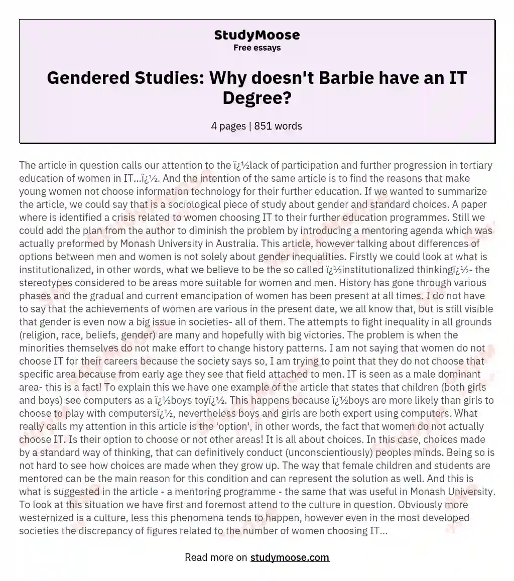 Gendered Studies: Why doesn't Barbie have an IT Degree? essay