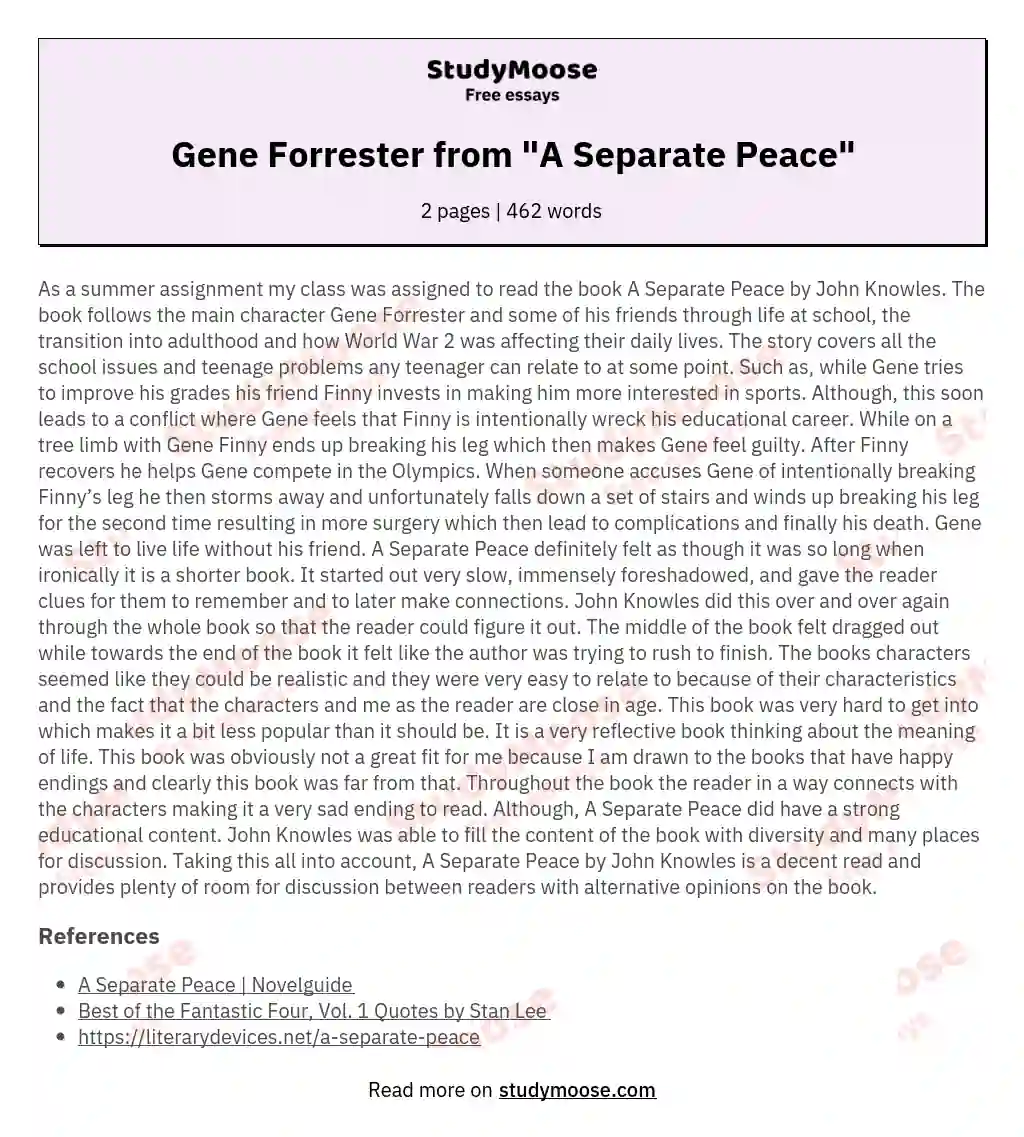 Gene Forrester from "A Separate Peace" essay
