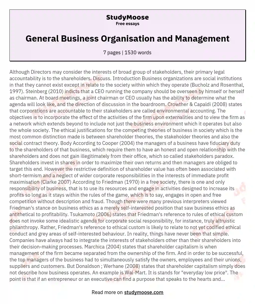 General Business Organisation and Management essay