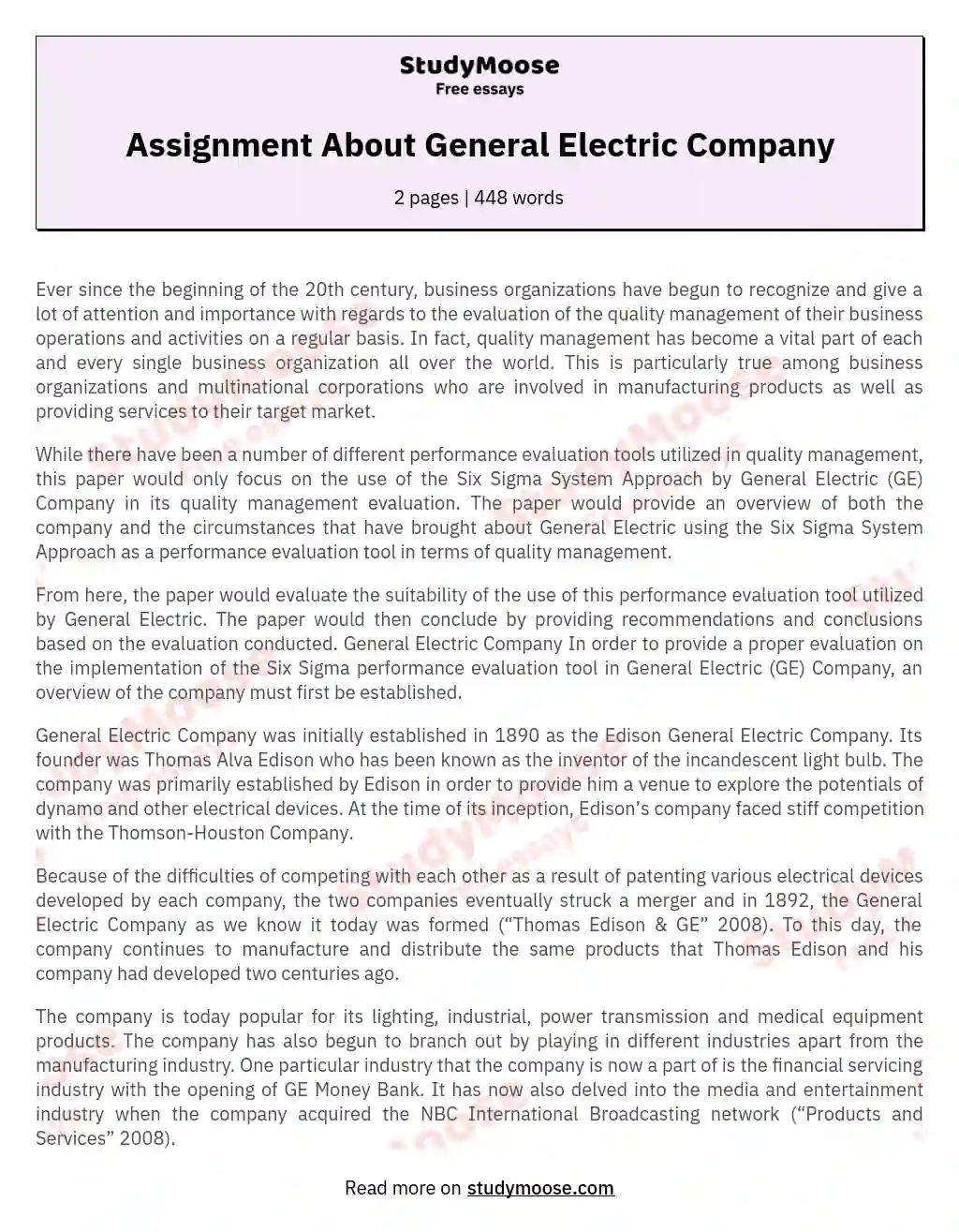 Assignment About General Electric Company essay