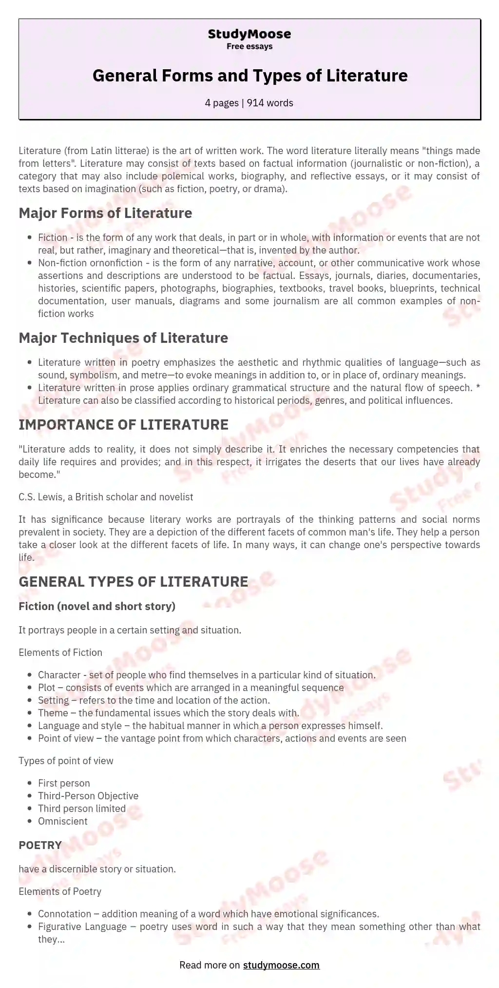 enumerate the five types of literature and their meaning essay
