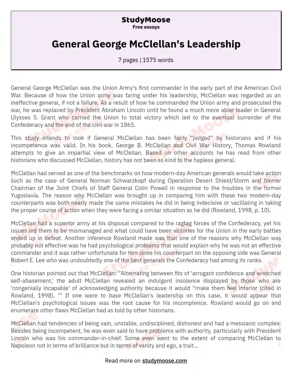 General George McClellan's Leadership essay