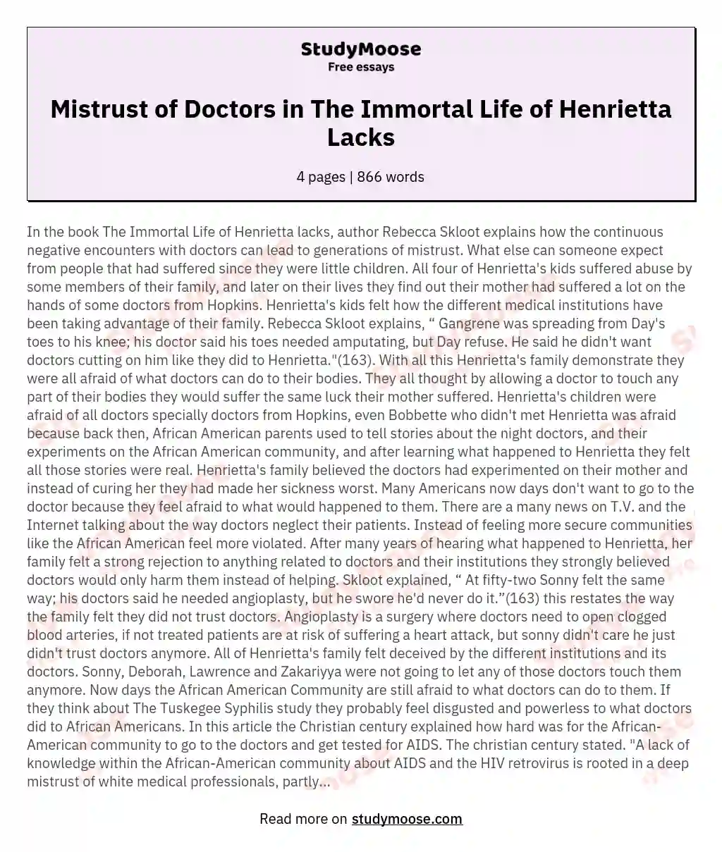 Mistrust of Doctors in The Immortal Life of Henrietta Lacks essay