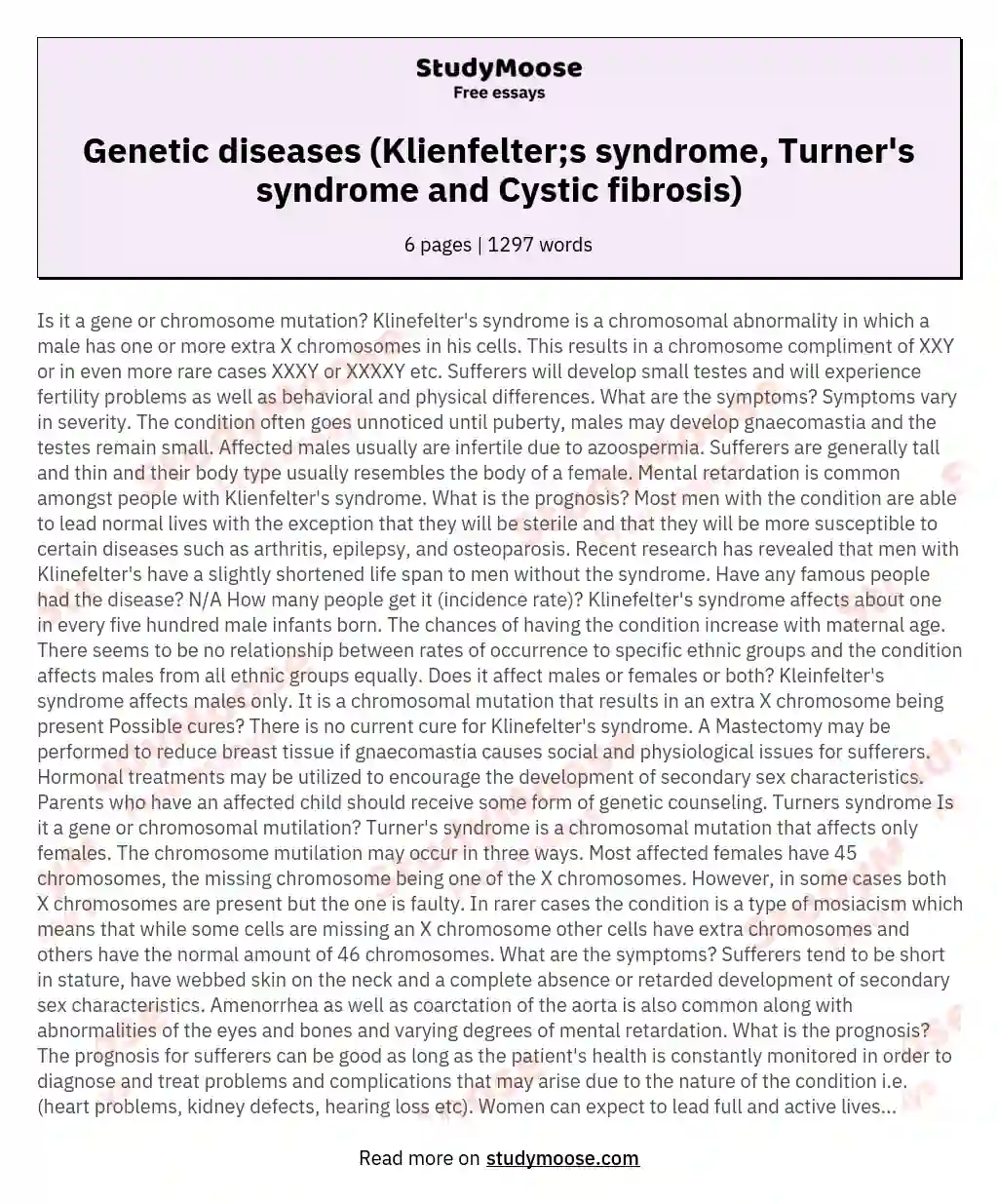 Genetic diseases (Klienfelter;s syndrome, Turner's syndrome and Cystic fibrosis) essay