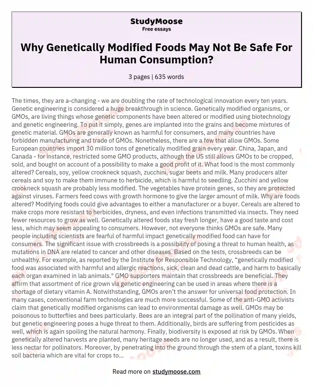 Why Genetically Modified Foods May Not Be Safe For Human Consumption? essay