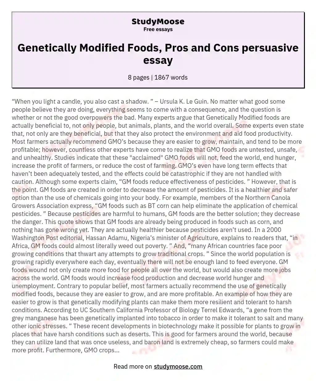 pros and cons of genetically modified food essay