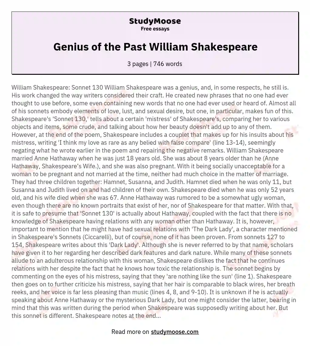 Genius of the Past William Shakespeare essay