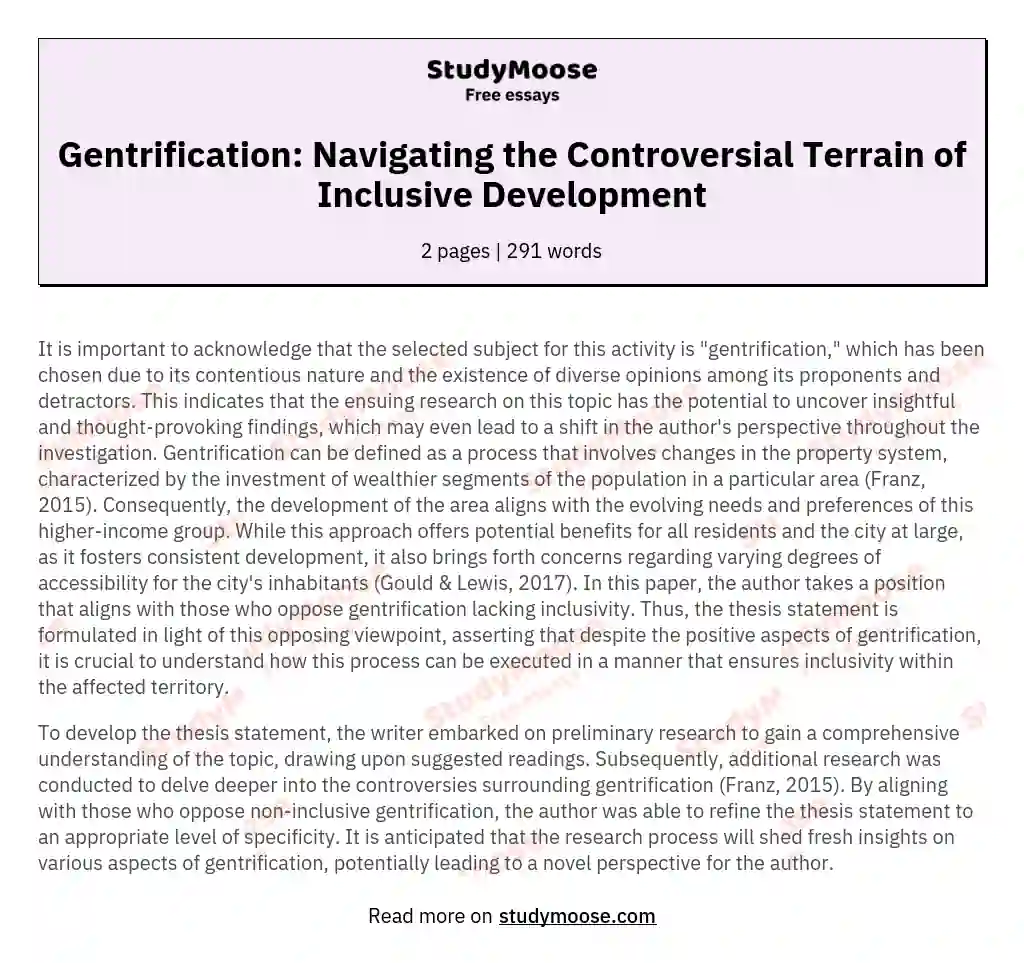 Gentrification: Navigating the Controversial Terrain of Inclusive Development essay
