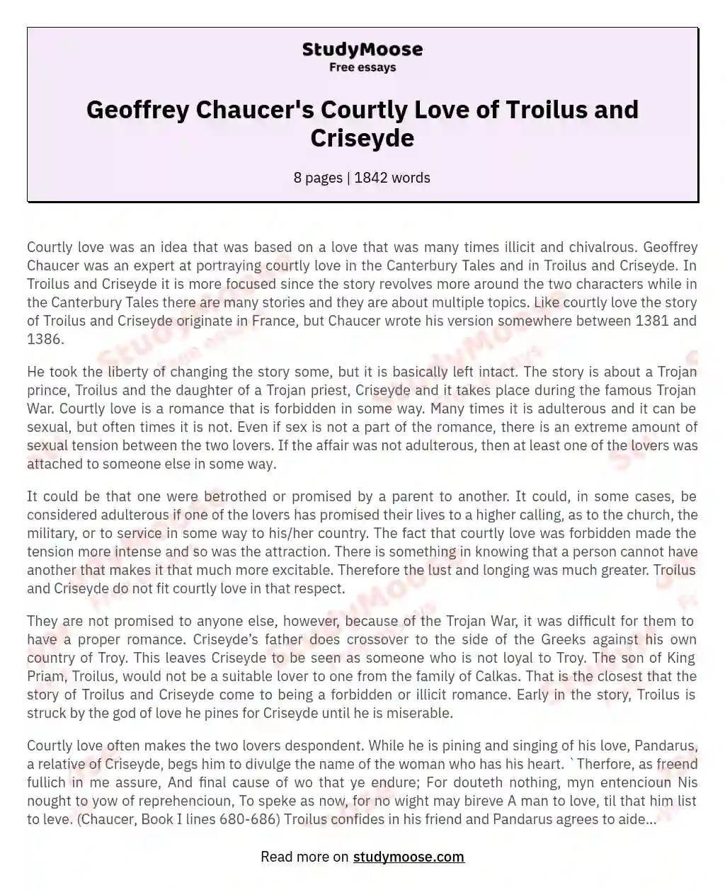 Geoffrey Chaucer's Courtly Love of Troilus and Criseyde