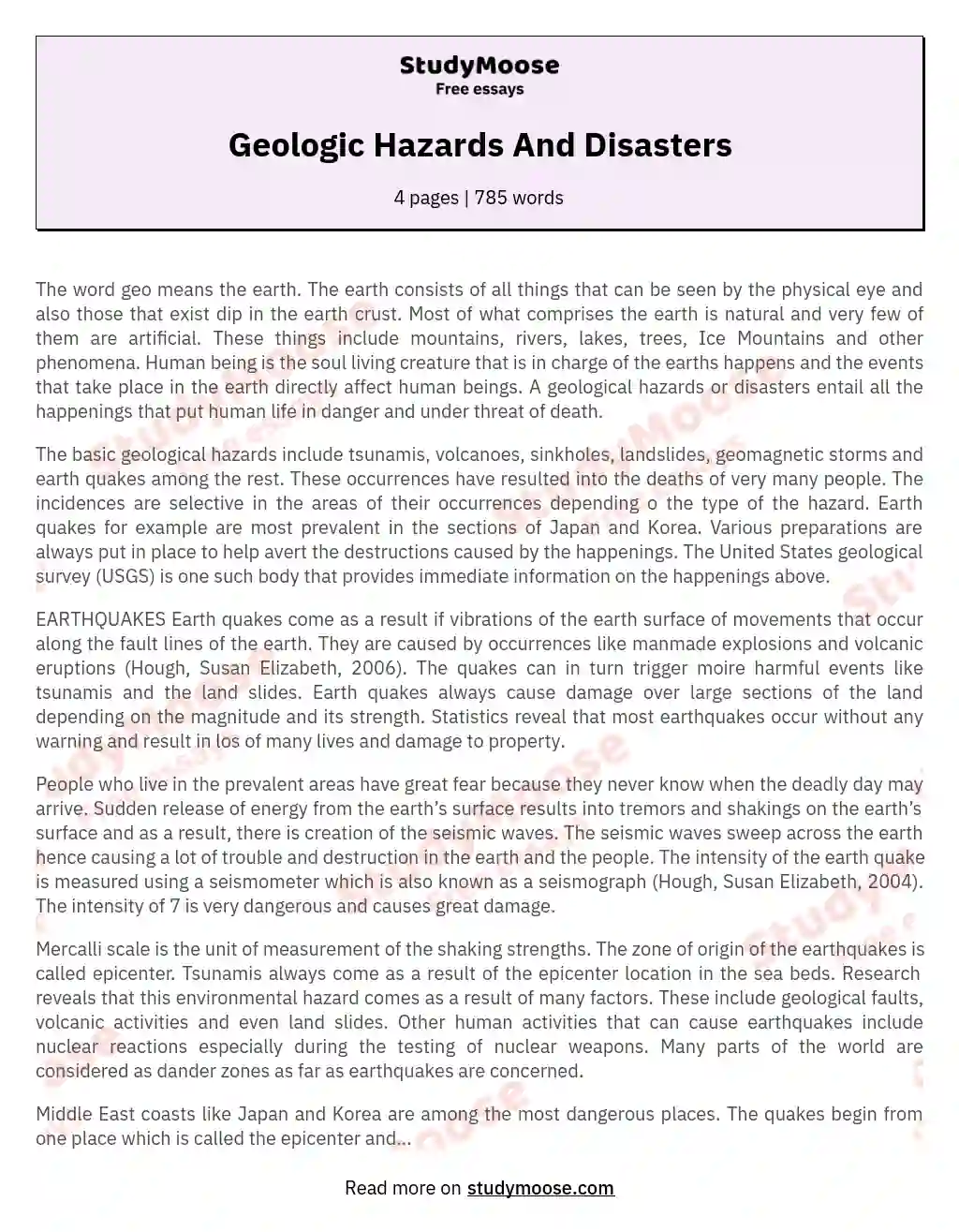 Geologic Hazards And Disasters essay