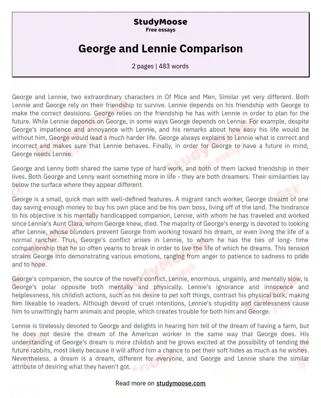 The Complex Friendship of George and Lennie in Of Mice and Men essay