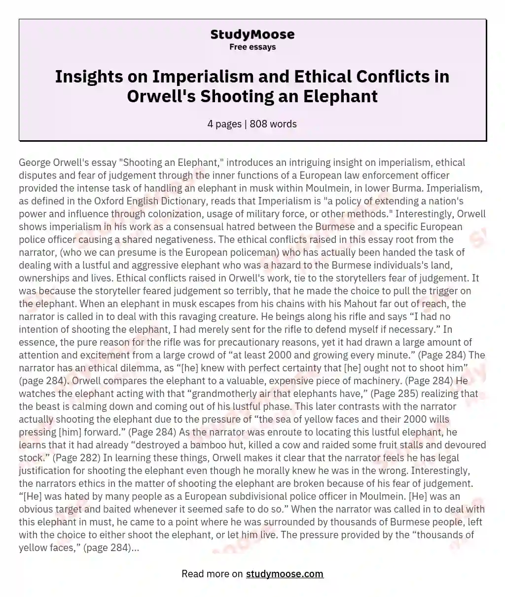 Insights on Imperialism and Ethical Conflicts in Orwell's Shooting an Elephant essay