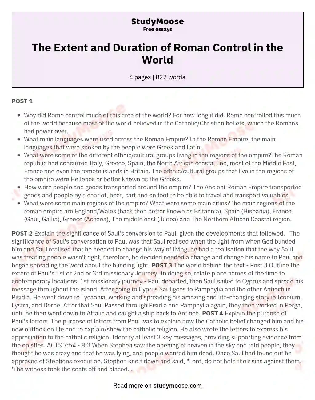 The Extent and Duration of Roman Control in the World essay