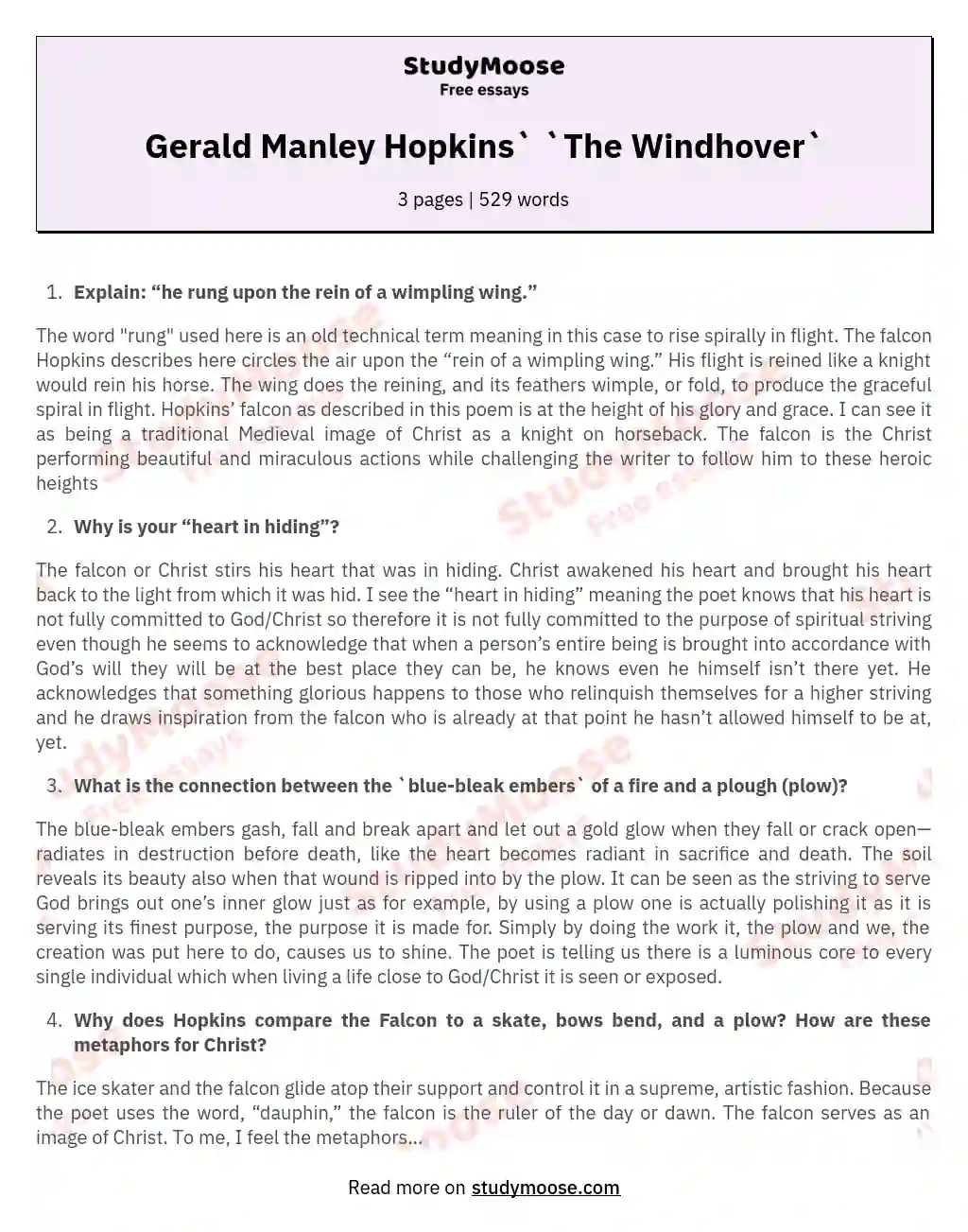 Gerald Manley Hopkins` `The Windhover` essay