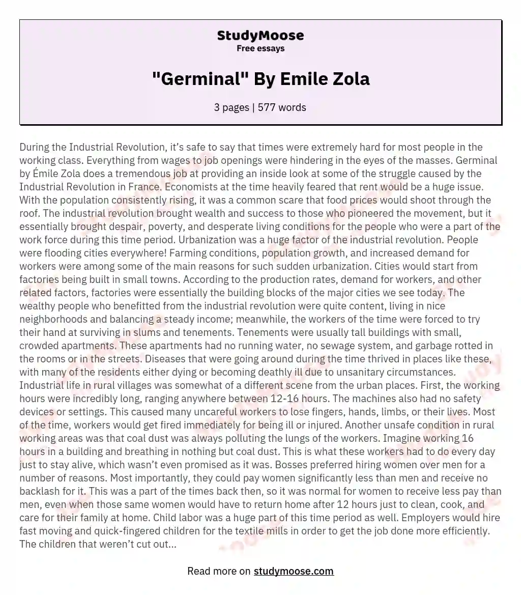 "Germinal" By Emile Zola essay
