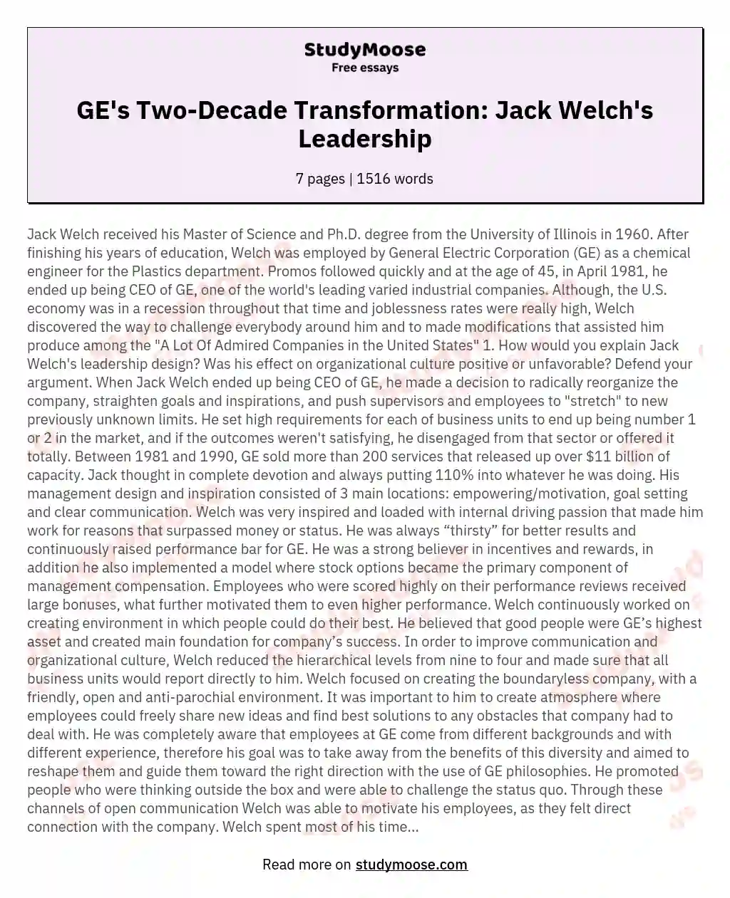 GE's Two-Decade Transformation: Jack Welch's Leadership essay