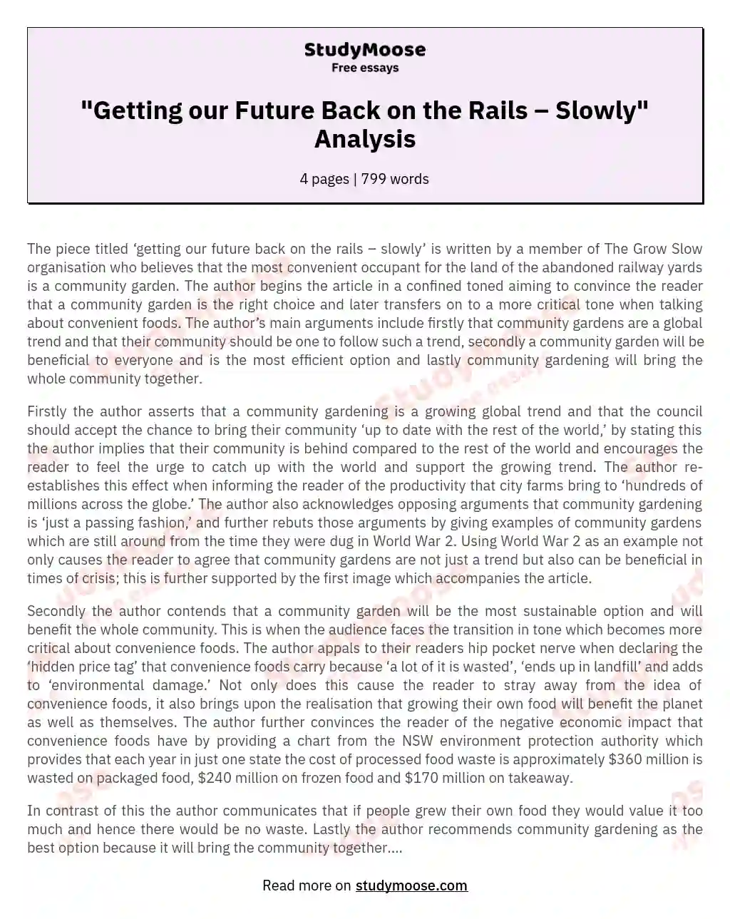 "Getting our Future Back on the Rails – Slowly" Analysis essay