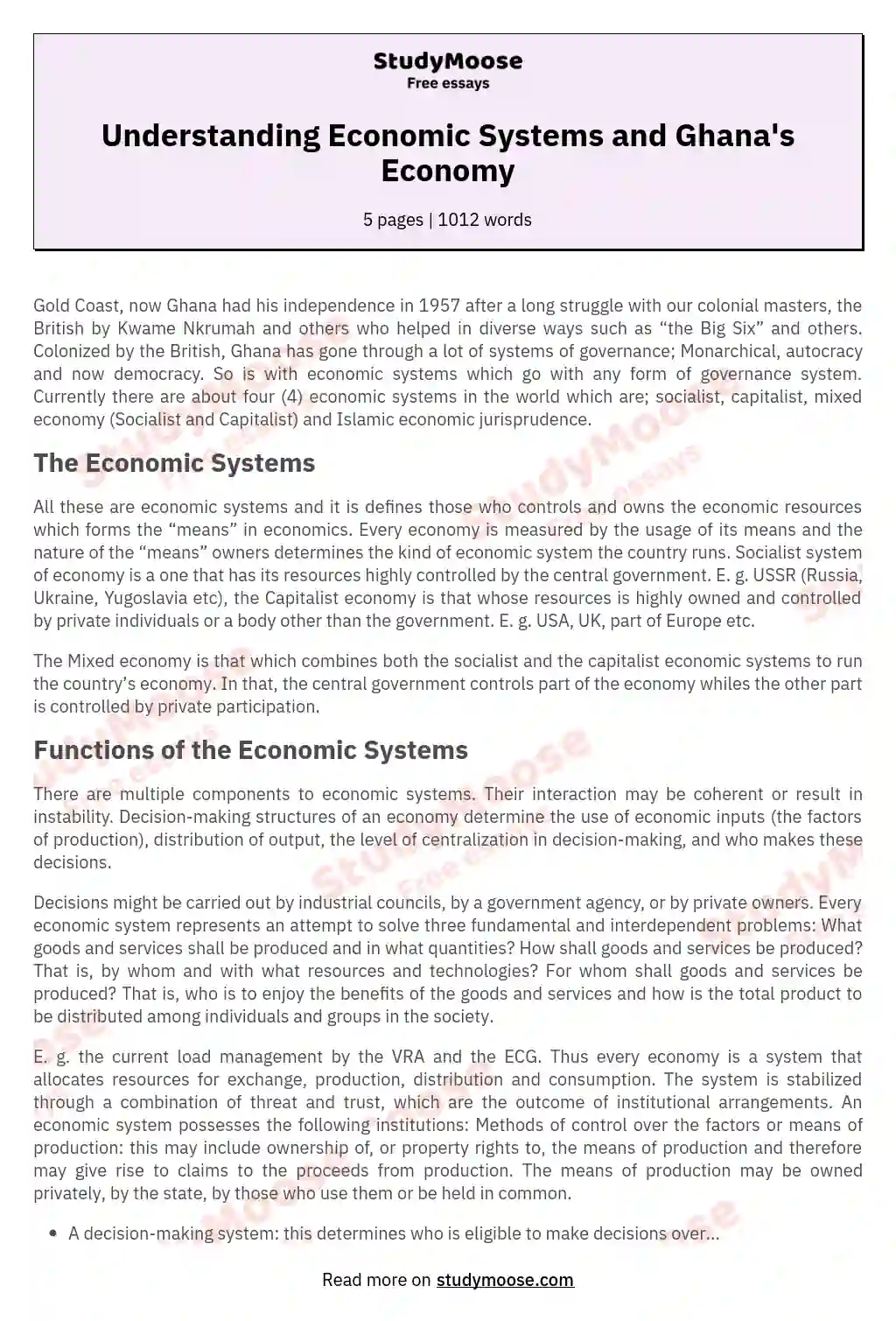 Understanding Economic Systems and Ghana's Economy essay