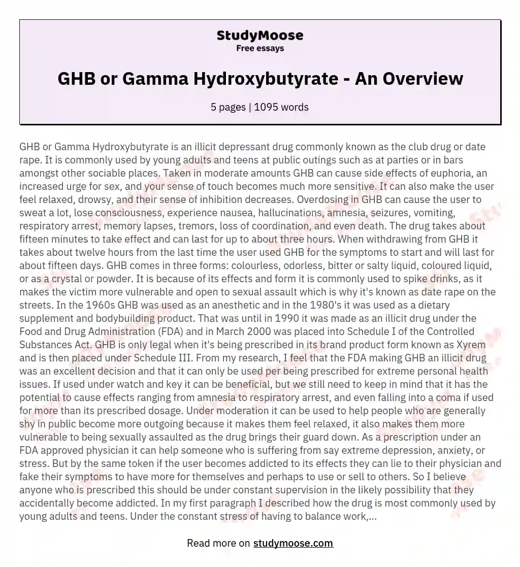 GHB or Gamma Hydroxybutyrate - An Overview essay