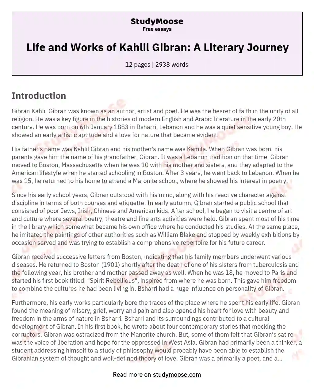 Life and Works of Kahlil Gibran: A Literary Journey essay