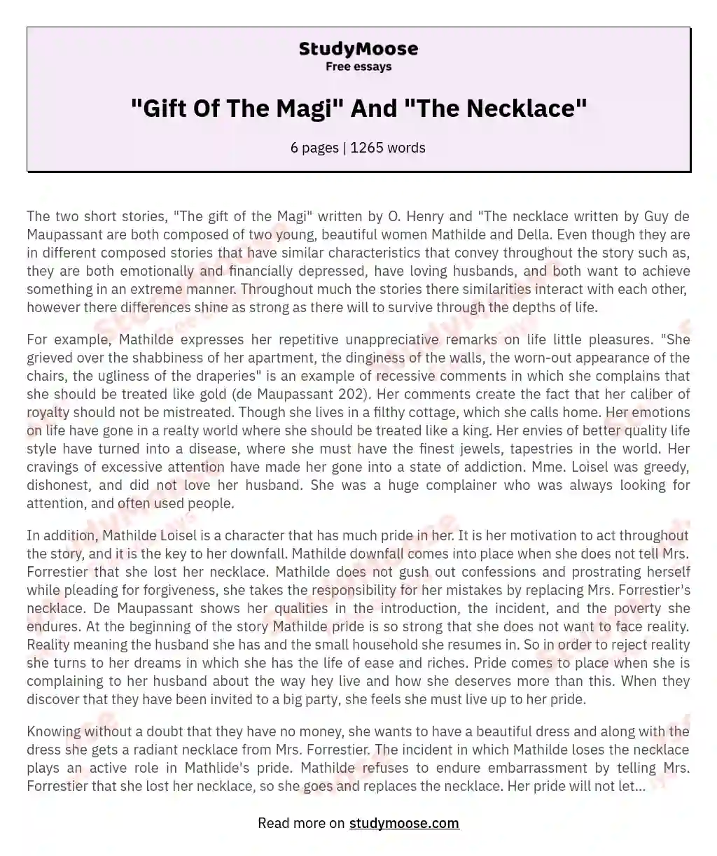"Gift Of The Magi" And "The Necklace" essay