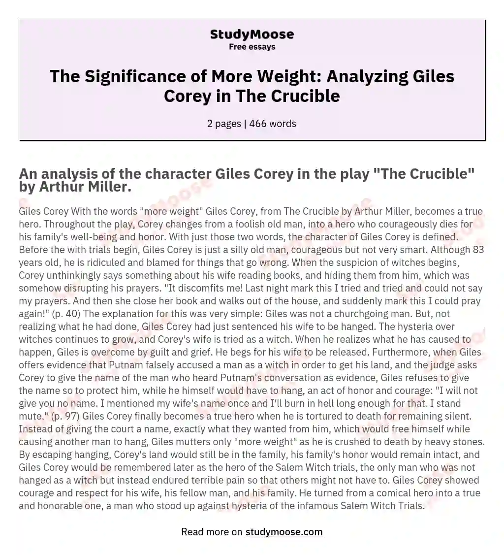 The Significance of More Weight: Analyzing Giles Corey in The Crucible essay